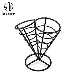 Black Wire Iron Double French Fry Finger Chips Cone Holder Stand