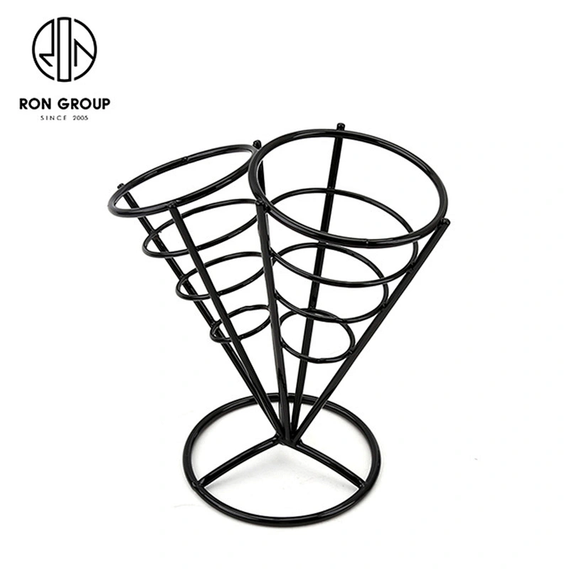 Black Wire Iron Double French Fry Finger Chips Cone Holder Stand
