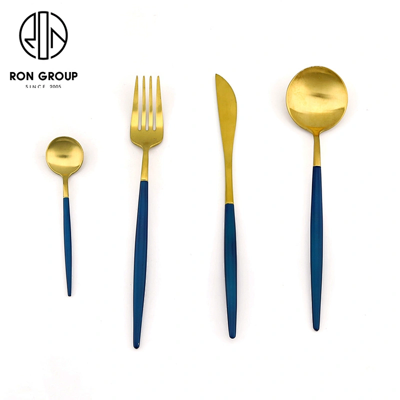 Wedding Restaurant Gold And Blue Stainless Steel Cutlery Knife Spoon And Fork Set