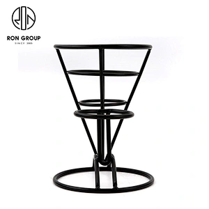 Matte Black Single Cup Conical Frame French Fry Wire Baskets With Sauce Bowl