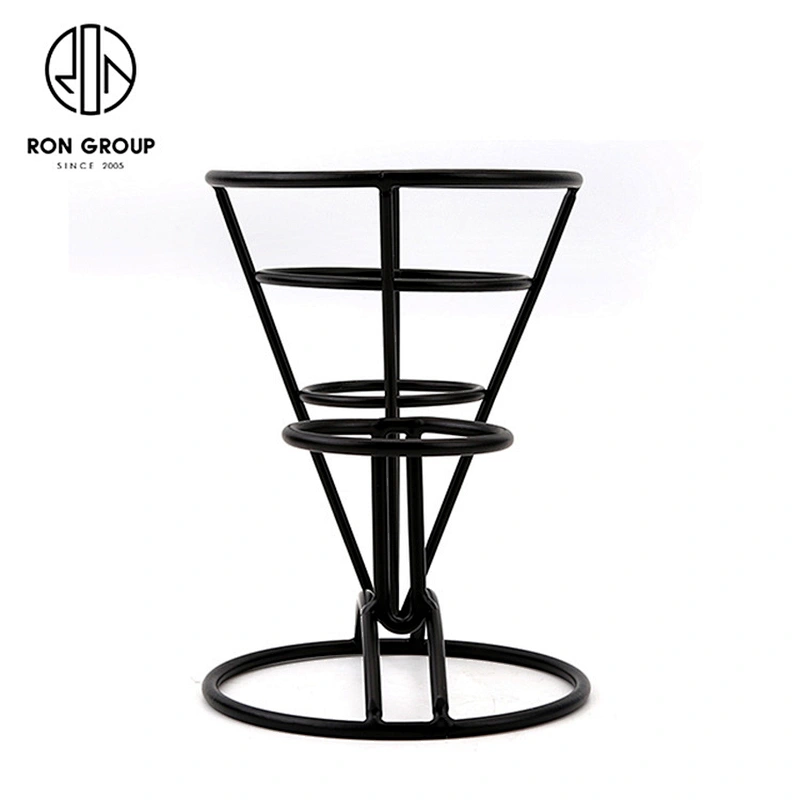 Matte Black Single Cup Conical Frame French Fry Wire Baskets With Sauce Bowl