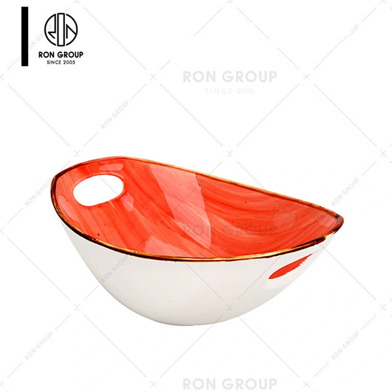 Durable Portable Glaze Printed Color Ceramic Bowl With Handle