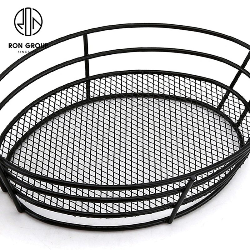 Wire Iron Egg-Shape Black Bread Basket With Double Sauce Bowl