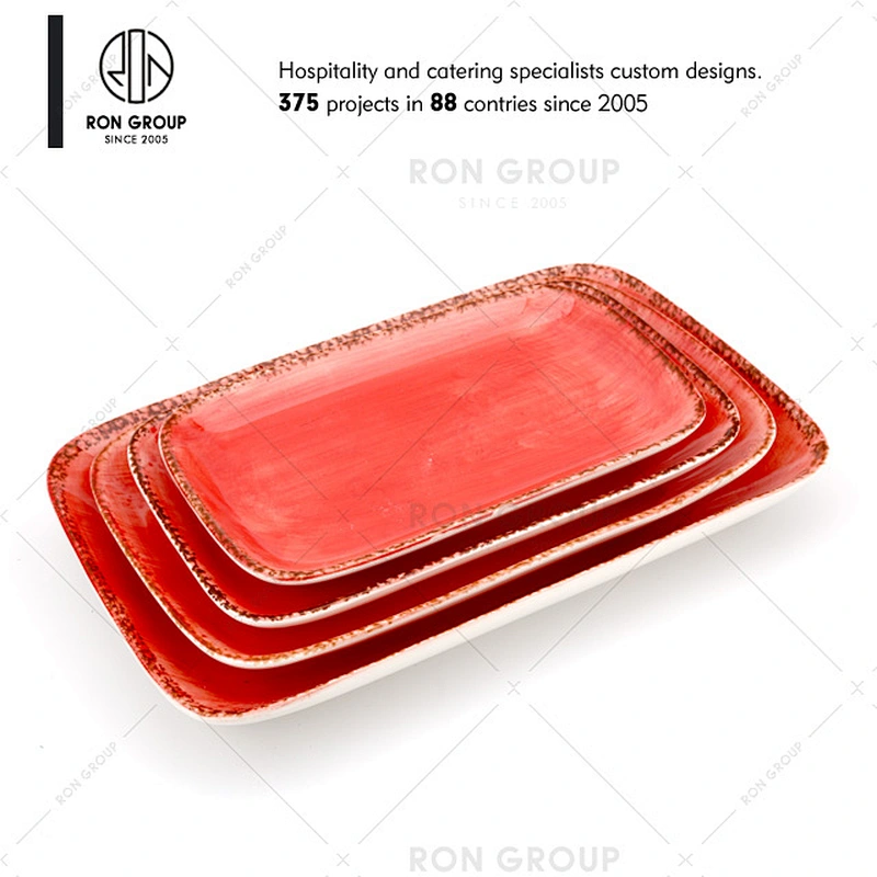 Orange Rectangle Ceramic Dinner Plates Set