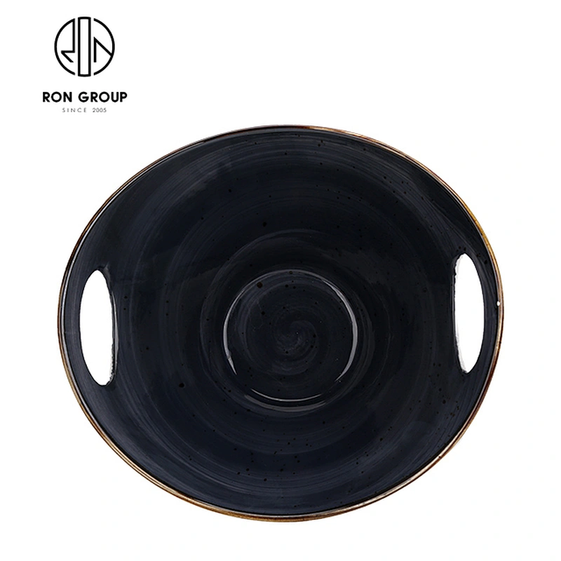 Modern Restaurant High Grade Black Ceramic Deep Bowl With Double Hole