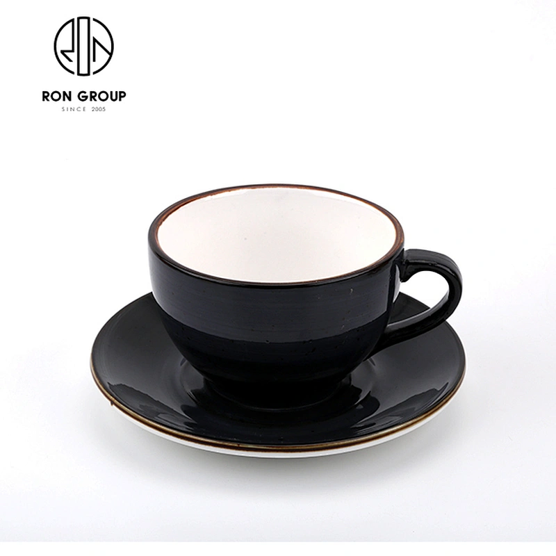 Western Classic Black Ceramic Coffee Cups Saucer Set For High End Restaurant