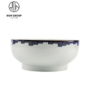 Restaurant White And Blue Porcelain Round Noodle Bowl
