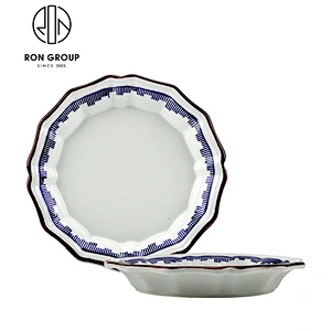 8 Inch White Ceramic Round Plate With Blue Color Rim
