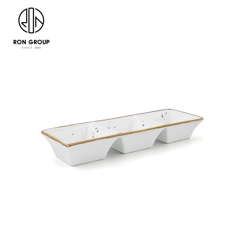 3 Compartment Rectangular Vinegar Dish Food Container Porcelain Plate For Sale