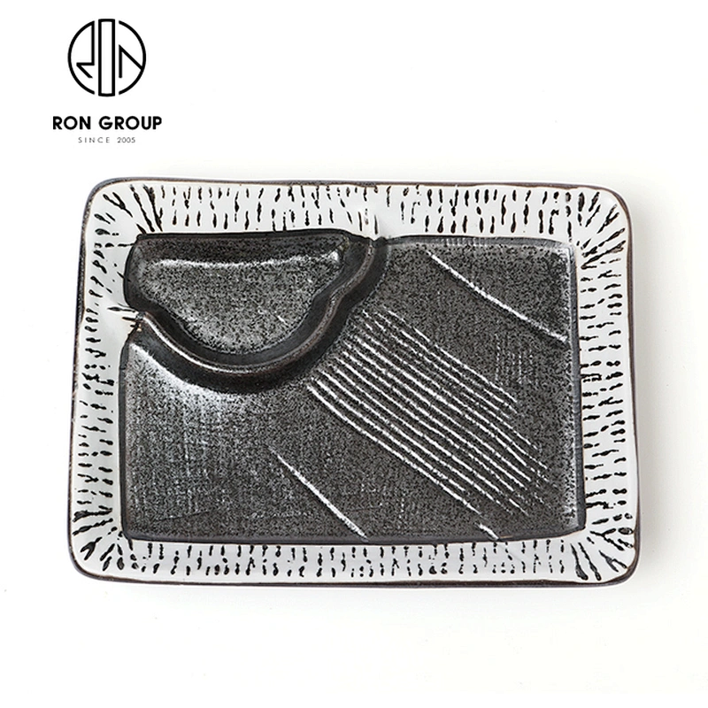 Japanese Style Ceramic Dip Sushi Food Double Lattice Dinner Plate