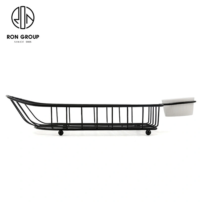 Factory Sale Metal Wire Black Boat-Shape Basket With Sauce Holder