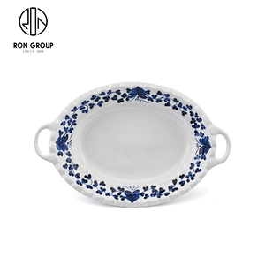 China Style Baking Tray Oval Ceramic Fruit Salad Fish Plate With Double Ears
