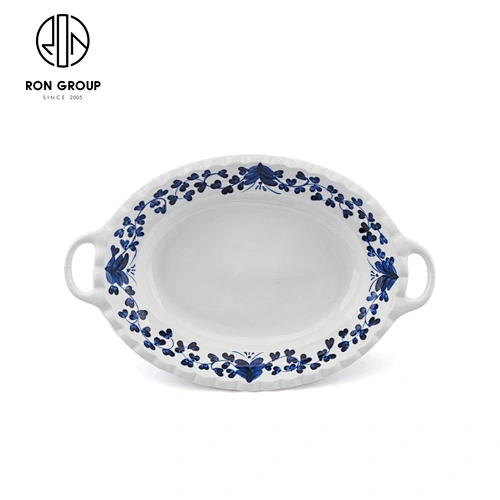 China Style Baking Tray Oval Ceramic Fruit Salad Fish Plate With Double Ears