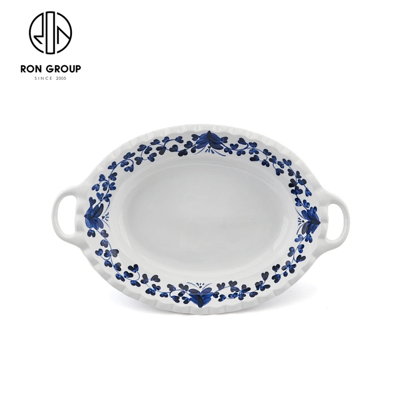 China Style Baking Tray Oval Ceramic Fruit Salad Fish Plate With Double Ears