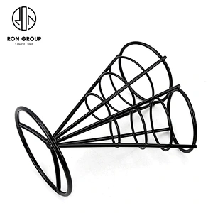 Black Wire Iron Double French Fry Finger Chips Cone Holder Stand