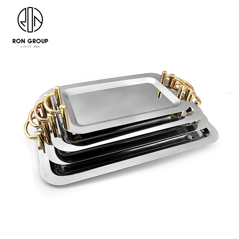Hotel Stainless Steel Metal Mirror Square Food Tray Plate With Handle