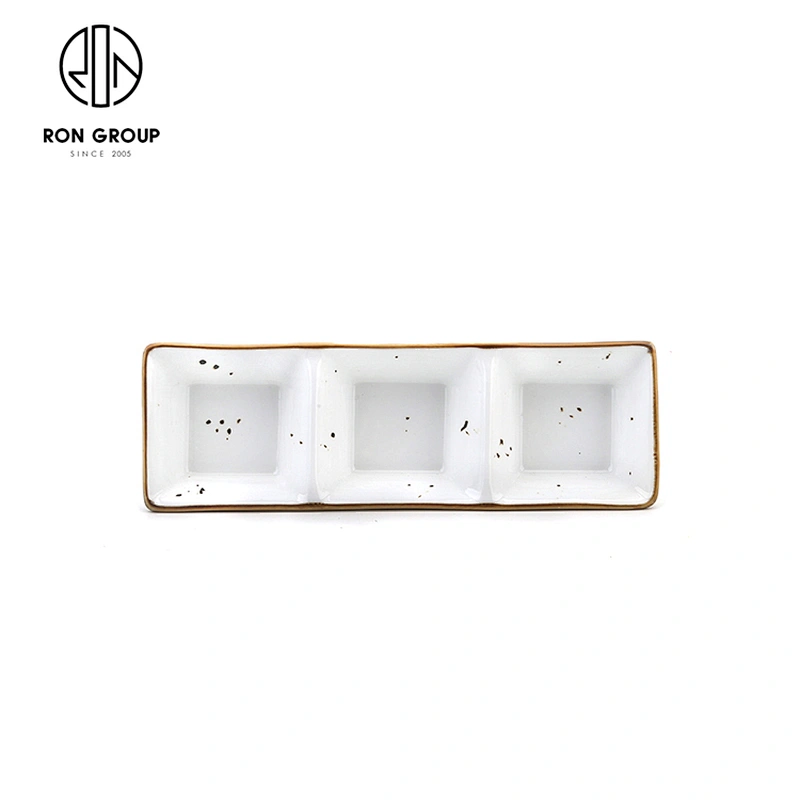3 Compartment Rectangular Vinegar Dish Food Container Porcelain Plate For Sale