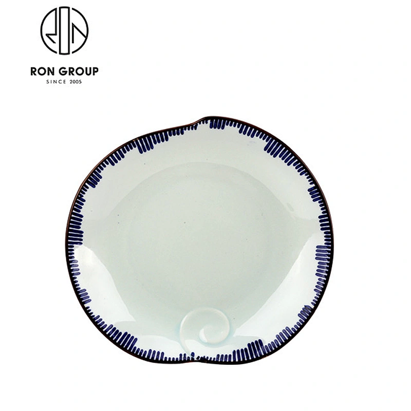 8 Inch White Ceramic Round Plate With Blue Color Rim