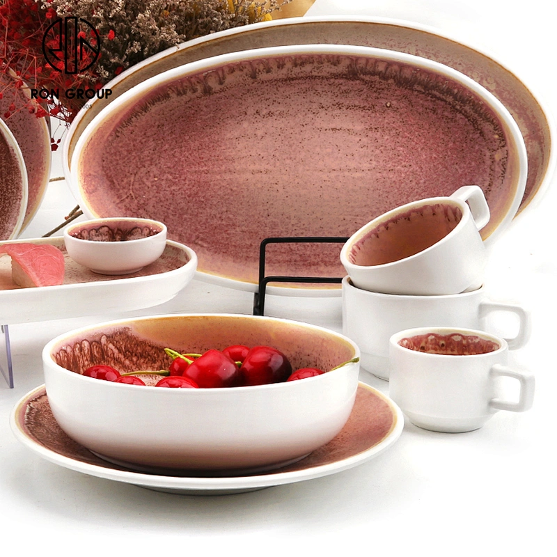 Fambe Pink Rhythm Collection Ceramic Porcelain Rice Bowl For Restaurant