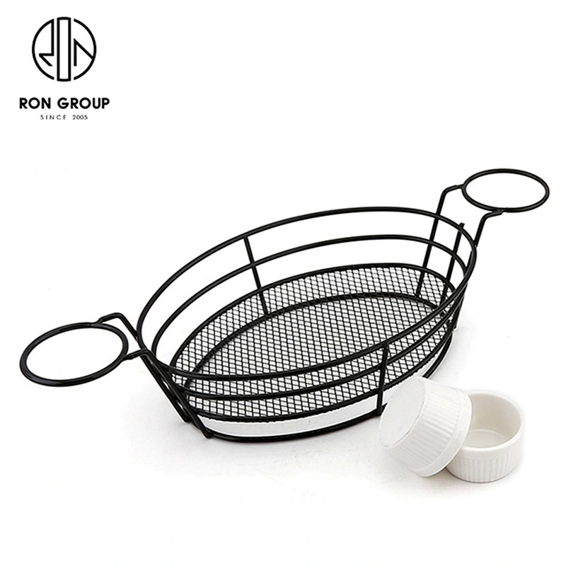 Wire Iron Egg-Shape Black Bread Basket With Double Sauce Bowl