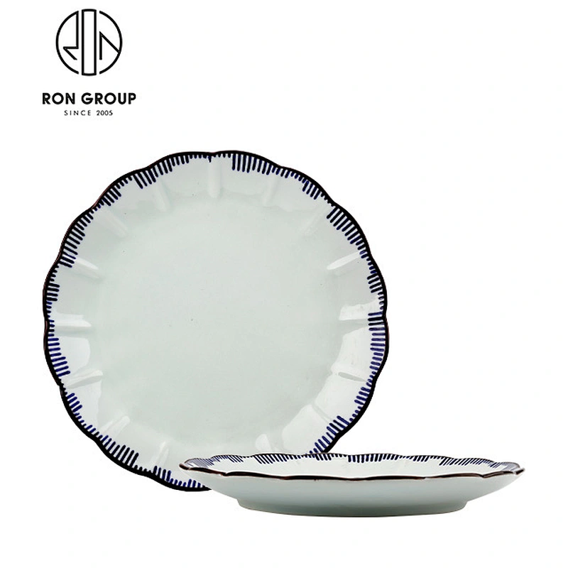8 Inch White Ceramic Round Plate With Blue Color Rim