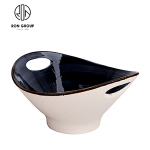 Modern Restaurant High Grade Black Ceramic Deep Bowl With Double Hole