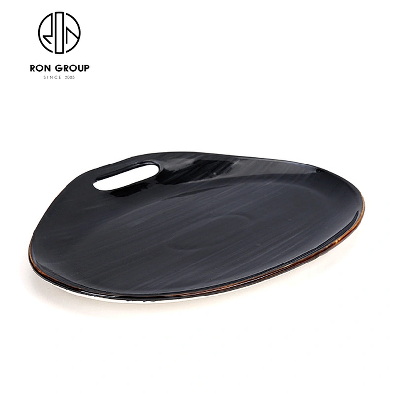 Western-Style Restaurant Dinner Black Ceramic Steak Dish With Single Hole