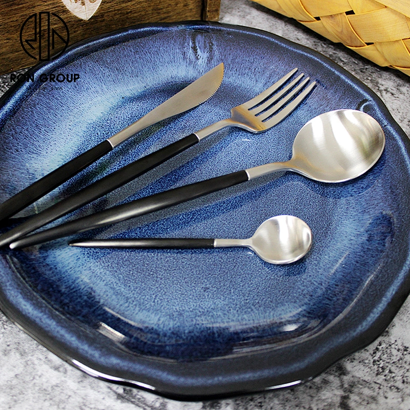 Restaurant Black And Silver Cutlery Stainless Steel Knife Spoon Fork Set