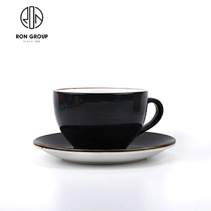 Western Classic Black Ceramic Coffee Cups Saucer Set For High End Restaurant