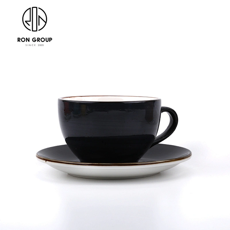 Western Classic Black Ceramic Coffee Cups Saucer Set For High End Restaurant