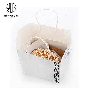 Customized Disposable Take Away Food Packaging Paper Bag With Handle