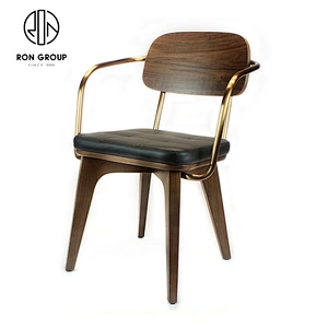 Classic Solid Wood Restaurant Dining Coffee Shop Chair With Gold Arms