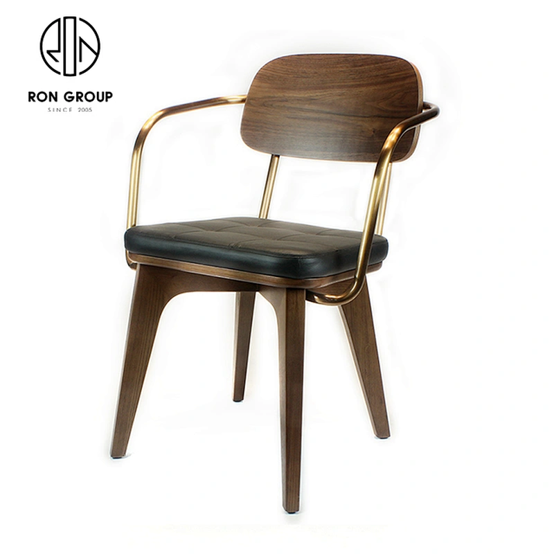 Classic Solid Wood Restaurant Dining Coffee Shop Chair With Gold Arms