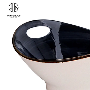 Modern Restaurant High Grade Black Ceramic Deep Bowl With Double Hole