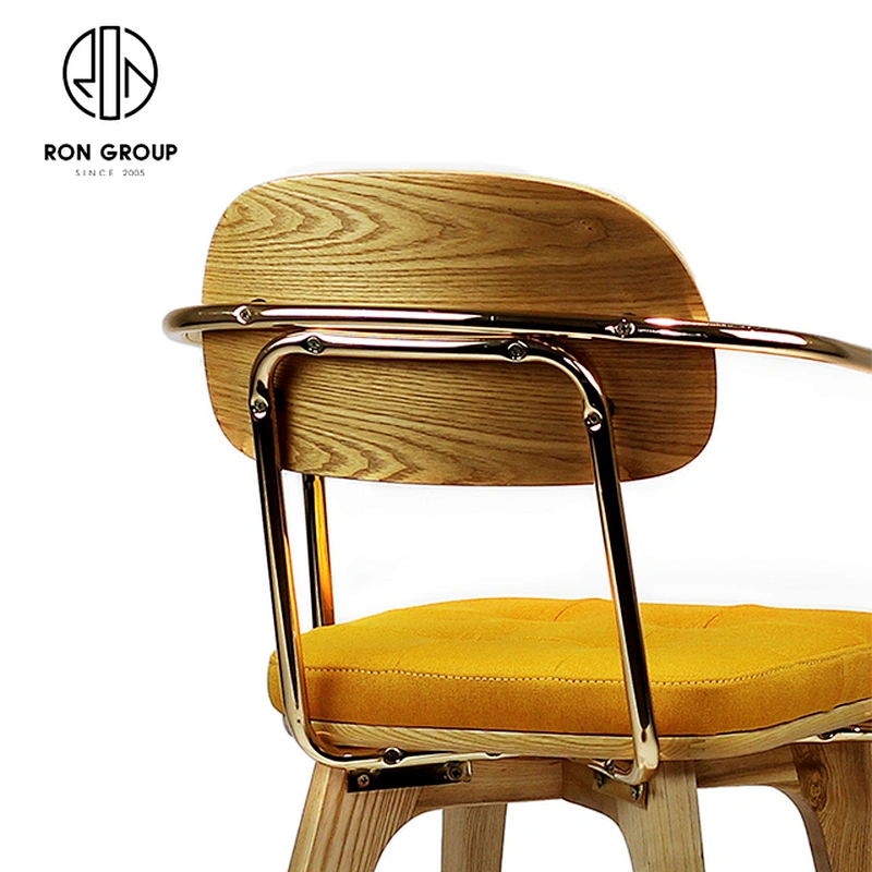 Classic Solid Wood Restaurant Dining Coffee Shop Chair With Gold Arms
