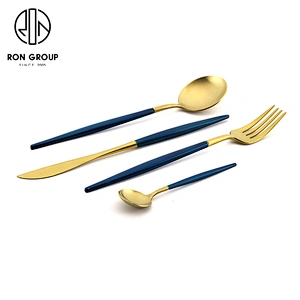 Restaurant Wedding Party Use Gold And Blue Stainless Steel Cutlery Set