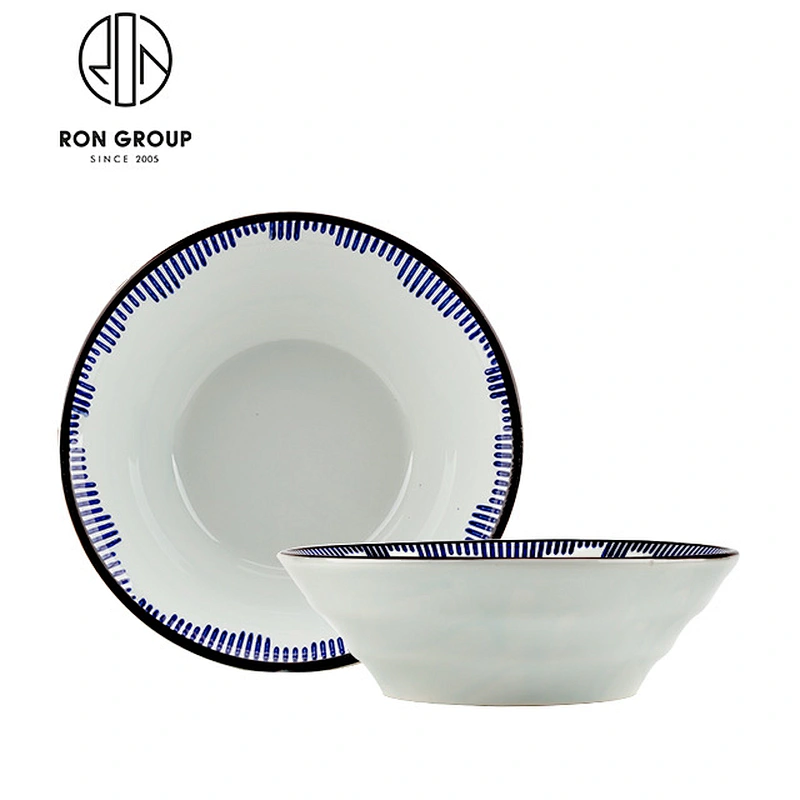 Hot Sale Restaurant White Ceramic Serving Snack Bowl With Blue Rim