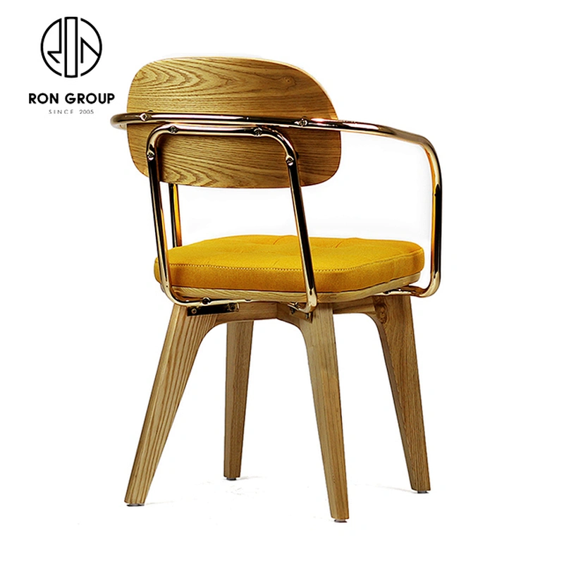Classic Solid Wood Restaurant Dining Coffee Shop Chair With Gold Arms