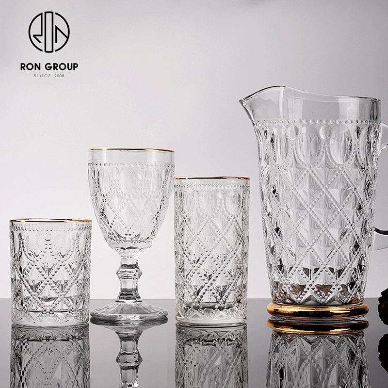 Factory Wholesale Elegant Diamond Glassware Vintage Goblet Wine Water Glass Set
