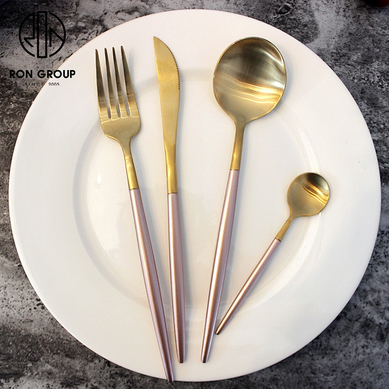 High Quality Pink And Golden Color Stainless Steel Wedding Cutlery Set