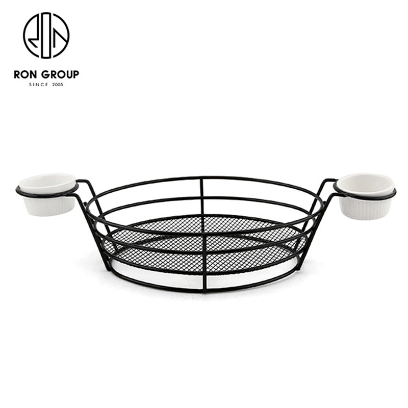 Wire Iron Egg-Shape Black Bread Basket With Double Sauce Bowl