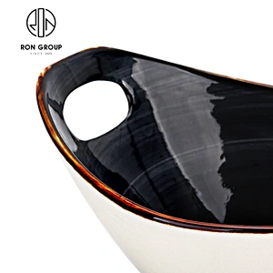 Western Custom Black Ceramic Dinnerceramic Oval Bowls With Hole Handle