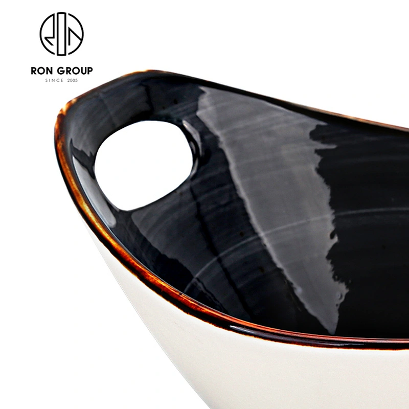 Western Custom Black Ceramic Dinnerceramic Oval Bowls With Hole Handle