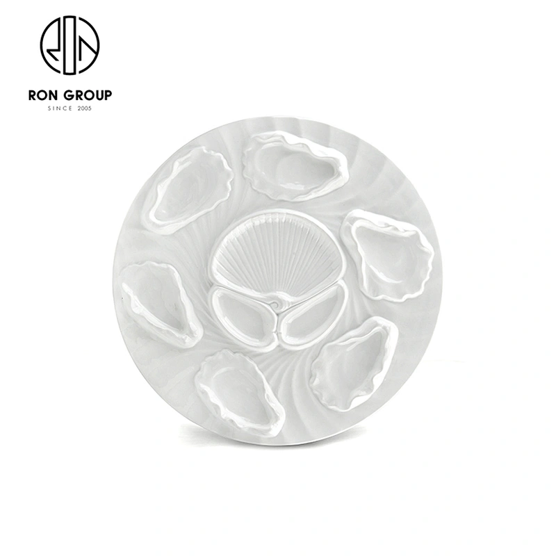 Wholesale 6 Wells Custom Ceramic White Oyster Plate For Restaurant Hotel