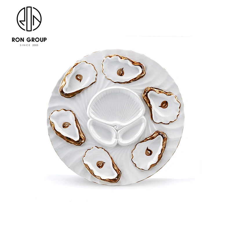 Wholesale 6 Wells Custom Ceramic White Oyster Plate For Restaurant Hotel