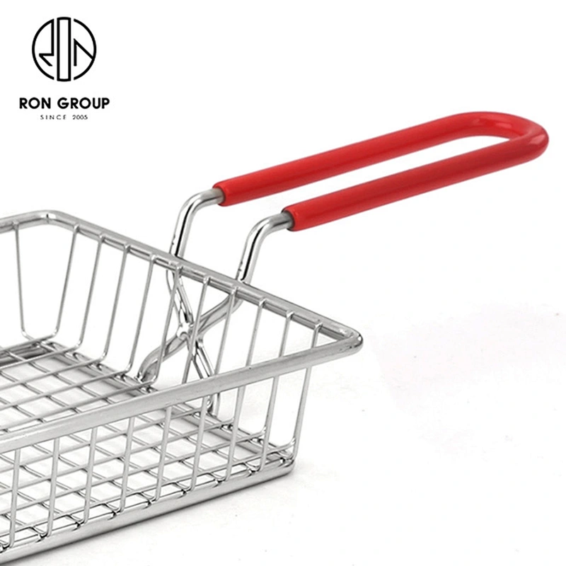 Accept Customization White Metal Iron Wire Plastic Handle Rectangle Snack Fry Basket