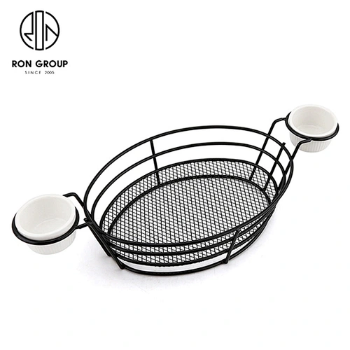 Wire Iron Egg-Shape Black Bread Basket With Double Sauce Bowl