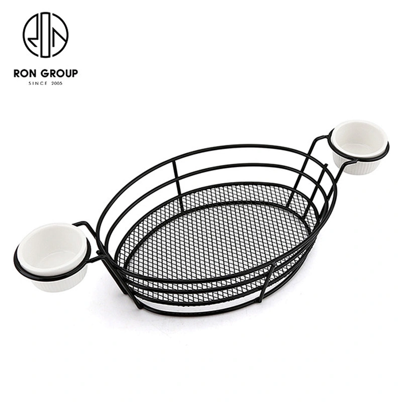Wire Iron Egg-Shape Black Bread Basket With Double Sauce Bowl