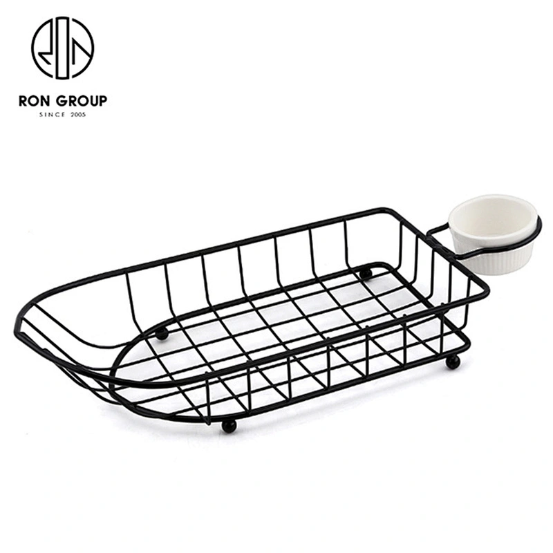Factory Sale Metal Wire Black Boat-Shape Basket With Sauce Holder