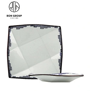 12 Inch White Rectangle Ceramic Plate With Blue Rim
